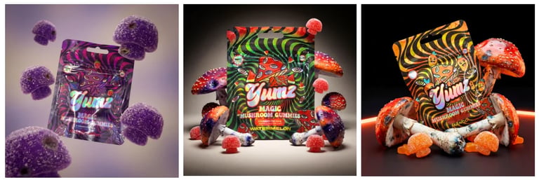 Three product bottles with tiger stripe designs displayed with colorful berries and fruits on different colored backgrounds