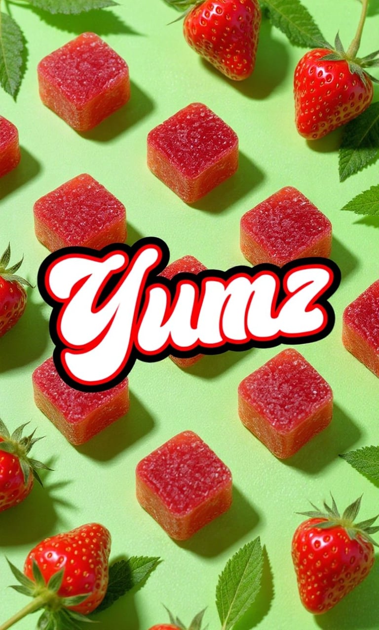 Arrangement of red gummy candies and fresh strawberries on green background with Gumz logo