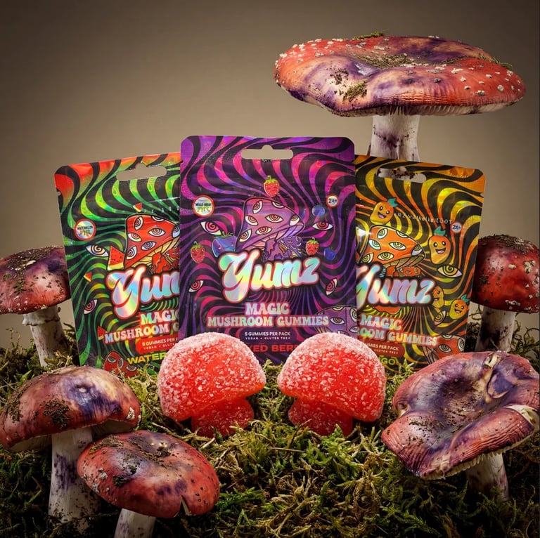 Colorful Yumz mushroom gummy pouches surrounded by decorative purple and red mushrooms on moss