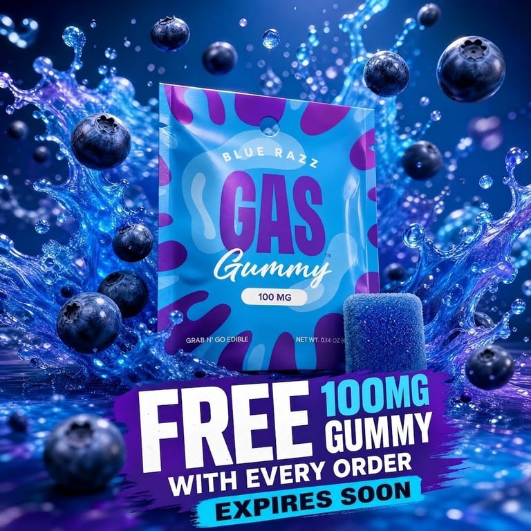 Blue Razz Gas Gummy 100mg product package surrounded by blueberries and blue liquid with text promoting free 100mg gummy with every order