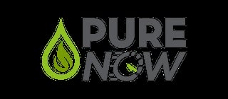 PURE NOW logo featuring a lime green water droplet icon with gray text on black background