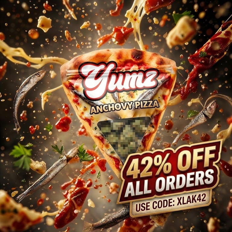 Punz Anchovy Pizza promotional graphic featuring pizza slice with 42% off coupon code XLAK42