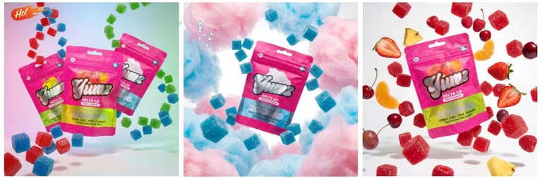 Three product photos of pink gummy candy packaging surrounded by colorful gummy candies on pastel backdrops