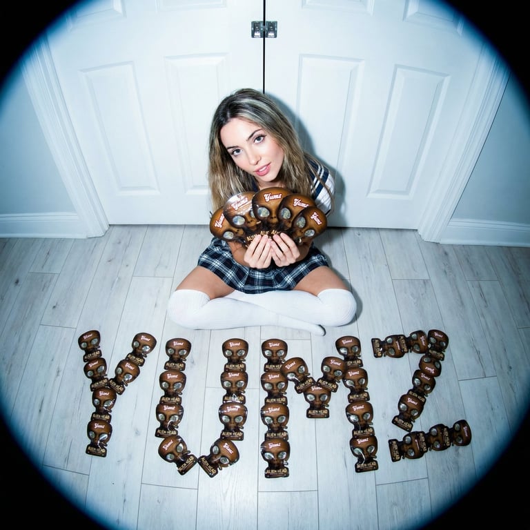 Woman sitting on wooden floor holding chocolate, spelling YOURE with chocolates arranged below her.